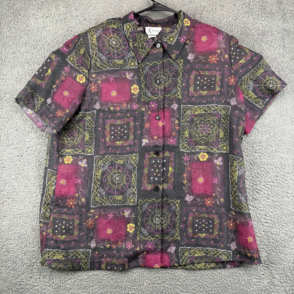 K Studio Womens Vintage 90s Whimsigoth Patchwork‎ Print Crinkle Shirt Size 18